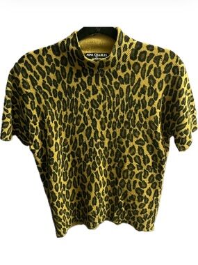 Kasper Rabbit Hair Fur Lambswool leopard print short sleeve vintage sweater 80’s
